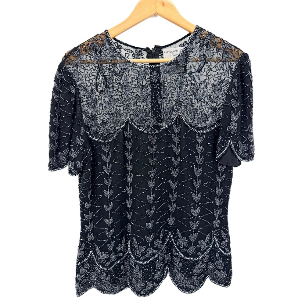 Papell Boutique Evening Black Silk Beaded Short Sleeve Scalloped Top‎ Size M